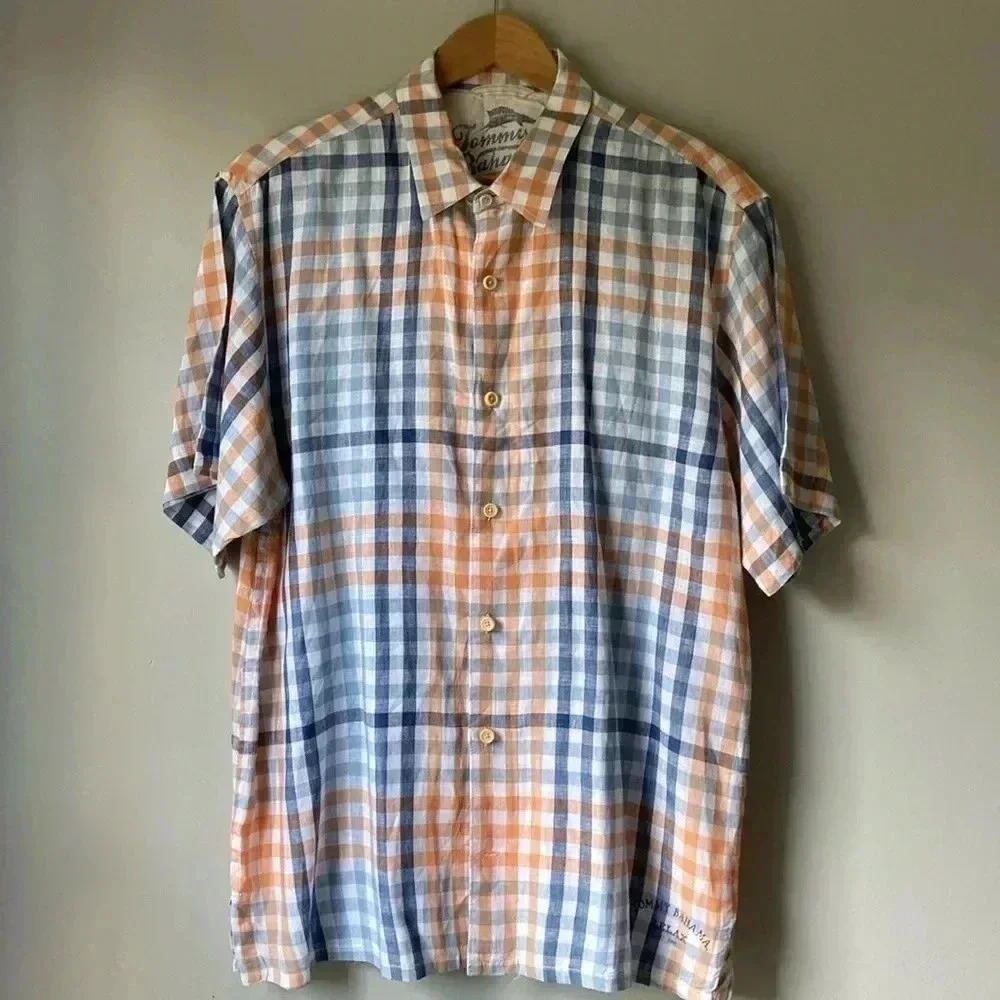 Tommy Bahama Relax  LINEN Shirt Mens size L Short Sleeve Orange Blue Plaid